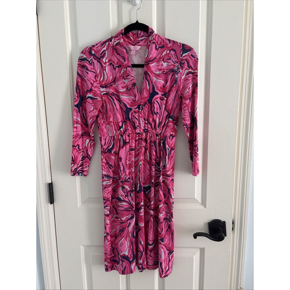 Lilly Pulitzer dress Alexandra 3/4 Sleeve Bright Flirty Navy Pink Small